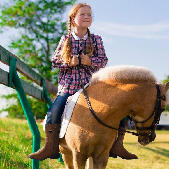 ⚡Kids Girls Brown Western Boots Square Toe Cowgirl Boots For Toddler Calf High - Picture 5 of 5